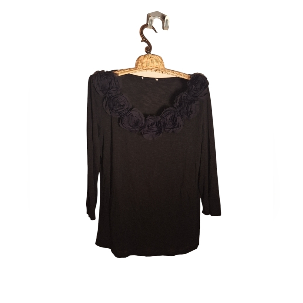 Witchy Floral Embellished Gauzy Black 3/4 Top Whimsigoth Medium Flowers Bohemian